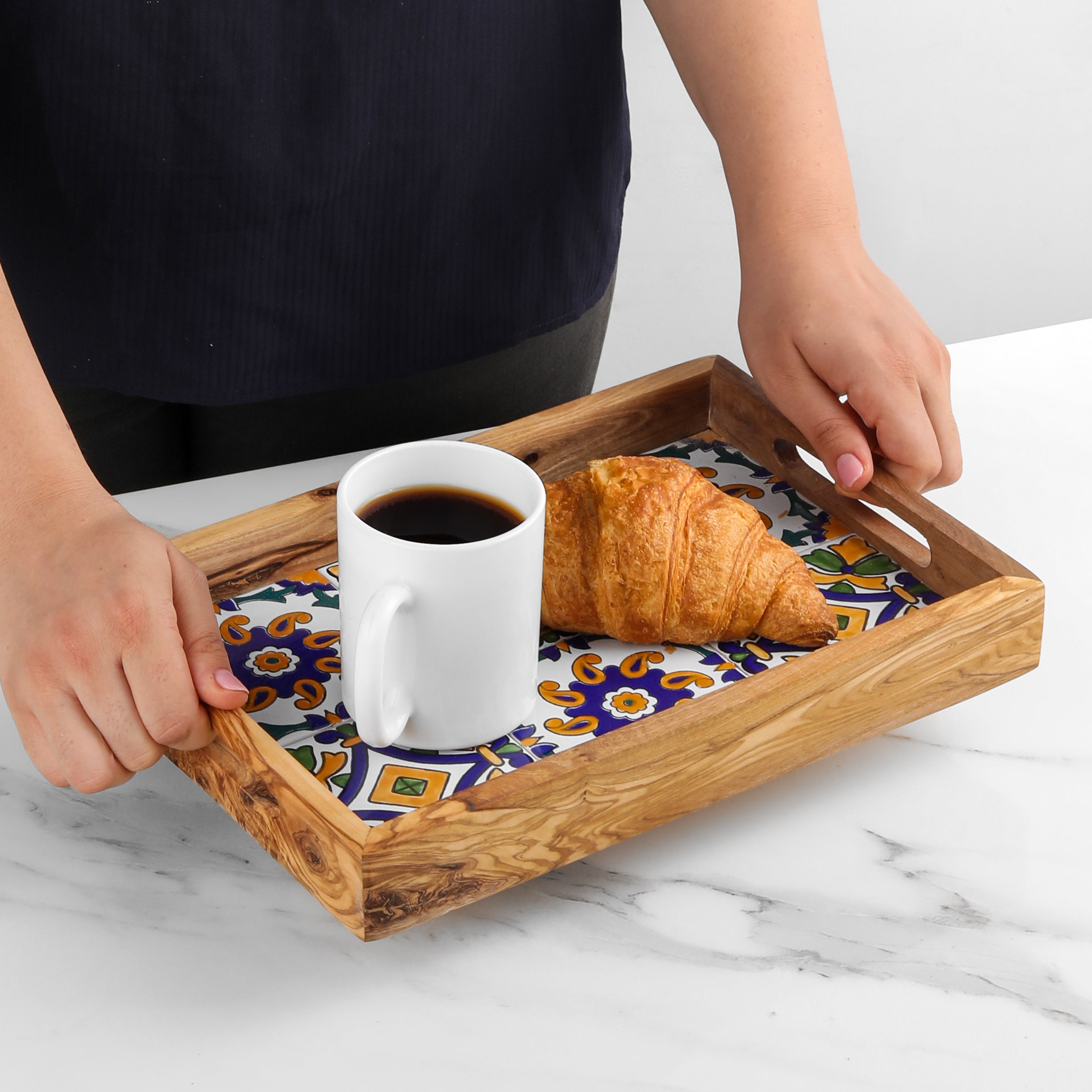 Olive Wood Rectangular tray with ceramic - ArtisRaw